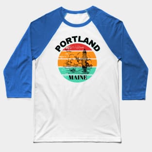 Portland Maine Lighthouse Retro Vintage Sunset Baseball T-Shirt